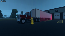 Size: 1858x1057 | Tagged: safe, applejack, earth pony, pony, g4, cowboy hat, female, game screencap, hat, roblox, semi truck, solo, thunderstorm, twisted (game)