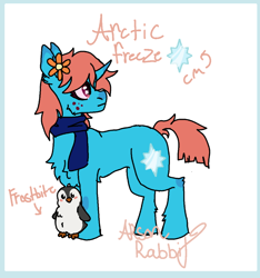 Size: 730x780 | Tagged: safe, artist:arsonrabbit, oc, oc only, oc:arctic freeze, bird, penguin, pony, unicorn, g4, abstract background, blue coat, clothes, digital art, female, flower, flower in hair, freckles, horn, looking back, mare, orange hair, orange mane, orange tail, passepartout, red eyes, scarf, signature, simple background, solo, tail, unicorn oc