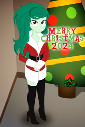 Size: 1440x2160 | Tagged: safe, artist:gibsterboy5, wallflower blush, human, equestria girls, g4, belt, boots, breasts, christmas, christmas tree, cleavage, clothes, complex background, costume, female, hands together, high heel boots, high heels, holiday, looking up, merry christmas, santa costume, shoes, signature, solo, standing, text, tree