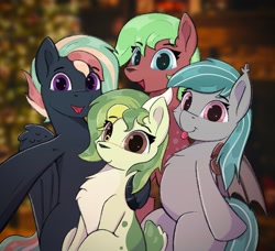 Size: 2063x1884 | Tagged: safe, artist:single purpose, oc, oc only, oc:jora asters, oc:malachite cluster, oc:rhythm fruit, oc:treading step, bat pony, deer, pegasus, christmas, female, glasses, holiday, looking at you, male, selfie, smiling, smiling at you, wings