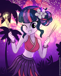 Size: 2015x2490 | Tagged: safe, artist:rjp.rammy, twilight sparkle, human, equestria girls, g4, alternate hairstyle, belly, belly button, bracelet, breasts, clothes, cute, female, fireworks, flower, flower in hair, grass skirt, grin, jewelry, midriff, one eye closed, short shirt, skirt, smiling, solo, sparkler (firework), twiabetes, wink