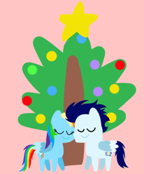 Size: 1058x1284 | Tagged: safe, anonymous artist, derpibooru exclusive, rainbow dash, soarin', pegasus, pony, series:soarindash hearth's warming, series:soarindash romantic tales, g4, christmas, christmas tree, female, hearth's warming, hearth's warming eve, holiday, male, mare, pointy ponies, ship:soarindash, shipping, stallion, straight, tree