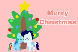 Size: 1935x1285 | Tagged: safe, anonymous artist, derpibooru exclusive, rainbow dash, soarin', pegasus, pony, series:soarindash hearth's warming, series:soarindash romantic tales, g4, christmas, christmas tree, female, hearth's warming, hearth's warming eve, holiday, male, mare, pointy ponies, ship:soarindash, shipping, stallion, straight, text, tree