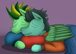 Size: 3787x2723 | Tagged: safe, artist:tacomytaco, oc, oc only, oc:taco.m.tacoson, pegasus, pony, blanket, gradient background, hug, lying down, male, pillow, sleeping, smiling, snuggling, winghug, wings