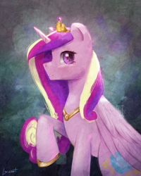 Size: 1080x1350 | Tagged: safe, artist:larizzart, princess cadance, alicorn, pony, g4, female, mare, profile, raised hoof, sitting, smiling, solo