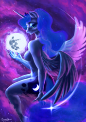 Size: 2480x3508 | Tagged: safe, artist:brymcha, princess luna, alicorn, anthro, g4, breasts, featureless breasts, female, high res, looking at you, mare in the moon, moon, nudity, solo, space, tangible heavenly object