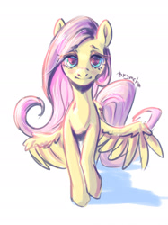 Size: 1662x2217 | Tagged: safe, artist:brymcha, fluttershy, pegasus, pony, g4, female, looking at you, mare, simple background, smiling, smiling at you, solo, spread wings, walking, white background, wings, wings down