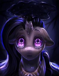 Size: 2717x3508 | Tagged: safe, artist:brymcha, oc, oc only, oc:burnt outstar, pony, unicorn, broken horn, bust, crying, dark magic, floppy ears, horn, magic, solo, unicorn oc, wingding eyes