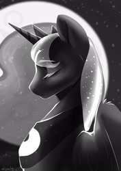 Size: 2480x3508 | Tagged: safe, artist:brymcha, princess luna, alicorn, pony, g4, bust, eyes closed, female, grayscale, high res, mare, monochrome, profile, solo