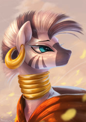 Size: 1614x2283 | Tagged: safe, artist:brymcha, zecora, zebra, g4, bust, clothes, female, hoodie, mare, portrait, solo, turned head