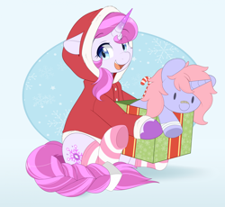 Size: 2002x1840 | Tagged: safe, artist:higglytownhero, oc, oc only, oc:collision crash, pony, unicorn, christmas, clothes, costume, cute, eye clipping through hair, female, holding, holiday, horn, mare, open mouth, open smile, plushie, present, santa costume, simple background, sitting, smiling, socks, striped socks, white background