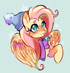 Size: 1981x2049 | Tagged: safe, artist:kuzoux, fluttershy, pegasus, pony, g4, :3, bust, candy, candy cane, clothes, cute, female, food, hat, mare, mouth hold, raised hoof, scarf, simple background, solo, winter hat