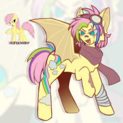 Size: 2000x2000 | Tagged: safe, artist:k4krr, fluttershy, rainbow dash, bat pony, pony, g4, alternate design, alternate hairstyle, clothes, palette swap, recolor, scarf, simple background, solo, species swap