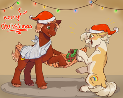 Size: 5400x4320 | Tagged: safe, artist:jennyfire, oc, oc:banana cupcake, oc:golden flare, earth pony, pegasus, pony, bandage, broken bone, broken wing, cast, christmas, colored hooves, colored wings, commission, earth pony oc, female, female oc, freckles, hat, holiday, hooves, injured, male, nonbinary, pegasus oc, ponified, present, santa hat, short tail, sling, species swap, stallion, tail, unshorn fetlocks, wings