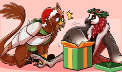 Size: 4172x2456 | Tagged: safe, artist:lou raccoon, oc, oc:cyrus, oc:pavlos, griffon, anthro, bandage, beak, bearded vulture, broken bone, broken wing, cast, cheek fluff, christmas, claws, clothes, colored wings, commission, eared griffon, griffon oc, holiday, injured, non-pony oc, nonbinary, sling, tail, wings