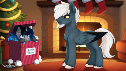 Size: 2560x1440 | Tagged: safe, artist:ynery, oc, oc only, oc:aura rhinestone, oc:tempest streamrider, bat pony, pegasus, bat hybrid, box, christmas, christmas stocking, christmas tree, clothes, commission, duo, female, fire, fireplace, holiday, indoors, jewelry, male, present, socks, stallion, tiara, tree