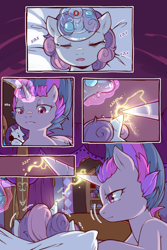 Size: 960x1440 | Tagged: safe, artist:cold-blooded-twilight translation, edit, rarity, sweetie belle, twilight sparkle, pony, unicorn, cold blooded twilight, comic:cold storm (ru), g4, bedroom, comic, crying, cyrillic, eyepatch, eyes closed, female, filly, foal, glowing, glowing horn, horn, ice, ice pack, indoors, lidded eyes, magic, magic aura, mare, messy mane, open mouth, pillow, russian, telekinesis, translation, translator:agent00k0t, unicorn twilight