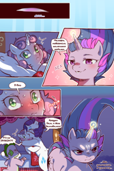 Size: 960x1440 | Tagged: safe, artist:cold-blooded-twilight translation, edit, rarity, spike, sweetie belle, twilight sparkle, dragon, pony, unicorn, cold blooded twilight, comic:cold storm (ru), g4, alternate design, bags under eyes, bed, blushing, closed mouth, comic, cyrillic, dialogue, eyepatch, eyeshadow, female, filly, foal, frown, glowing, glowing horn, horn, hug, indoors, magic, makeup, open mouth, pillow, russian, siblings, sisters, smiling, sparkles, speech bubble, tail, translation, translator:agent00k0t, unicorn twilight, wide eyes