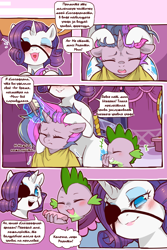 Size: 960x1440 | Tagged: safe, artist:cold-blooded-twilight translation, edit, rarity, spike, twilight sparkle, dragon, pony, unicorn, cold blooded twilight, comic:cold storm (ru), friendship is magic, g4, my little pony: friendship is magic, blushing, both cutie marks, brushing, carousel boutique, comic, cyrillic, dialogue, eyepatch, eyeshadow, horn, indoors, magic, makeup, russian, smiling, speech bubble, translation, translator:agent00k0t, unicorn twilight, wide hips