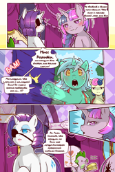 Size: 960x1440 | Tagged: safe, artist:cold-blooded-twilight translation, edit, bon bon, lyra heartstrings, rarity, spike, sweetie drops, twilight sparkle, dragon, earth pony, pony, unicorn, cold blooded twilight, comic:cold storm (ru), g4, :|, blushing, bon bon is not amused, carousel boutique, cloud, comic, cyrillic, dialogue, door, eyepatch, eyeshadow, female, glowing, glowing eyes, horn, implied lesbian, implied rarilight, implied shipping, implied sparity, implied straight, makeup, mare, mirror, open mouth, raised hoof, raised leg, russian, speech bubble, speed lines, tail, translation, translator:agent00k0t, unamused, underhoof, unicorn twilight, wide hips