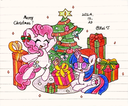 Size: 1948x1624 | Tagged: safe, artist:肝到驾崩, pinkie pie, twilight sparkle, g4, box, christmas, christmas tree, hat, holiday, lined paper, magic, present, santa hat, telekinesis, traditional art, tree