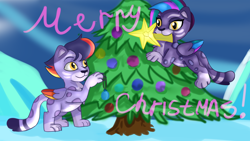 Size: 1920x1080 | Tagged: safe, artist:jbond, allura, alterro, aq bars, g5, brother and sister, christmas, christmas tree, duo, female, holiday, kitten allura, kitten alterro, male, postcard, siblings, text, tree, winged big cat, younger