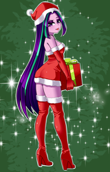 Size: 1600x2500 | Tagged: safe, artist:nekojackun, aria blaze, human, equestria girls, g4, 2d, boots, breasts, christmas, christmas 2024, christmas clothing, clothes, costume, eyeshadow, female, hat, high heel boots, high heels, holiday, long hair, looking at you, makeup, present, santa costume, santa hat, shoes, sideboob, smiling, smiling at you, socks, solo, thigh highs, tongue out