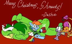 Size: 3289x2015 | Tagged: safe, artist:dragonboi471, artist:rainbowdashsmailbag, rainbow dash, smolder, spike, oc, oc:turc grayson, dragon, pony, g4, chocolate, christmas, food, holiday, hot chocolate, mistletoe