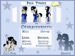 Size: 1600x1200 | Tagged: safe, oc, oc only, oc:page turner, unicorn, clothes, horn, reference sheet, scarf, solo, unicorn oc