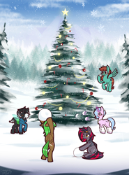 Size: 1436x1945 | Tagged: safe, artist:chiefywiffy, oc, oc:chiefy, bat pony, changeling, pegasus, unicorn, christmas, christmas tree, female, holiday, horn, male, mare, snow, snowball, snowball fight, stallion, tree