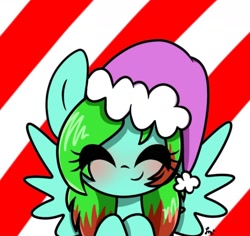 Size: 1600x1509 | Tagged: artist needed, safe, oc, oc:precised note, pegasus, blushing, christmas, eyes closed, female, happy, hat, holiday, santa hat, two toned mane, watermark