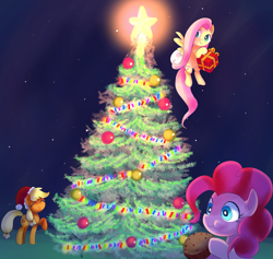 Size: 2160x2050 | Tagged: safe, artist:andromedasparkz, applejack, fluttershy, pinkie pie, earth pony, pegasus, pony, g4, christmas, christmas tree, cupcake, eating, eyes closed, female, food, hat, high res, holiday, mare, merry christmas, present, santa hat, smiling, tree, trio, trio female