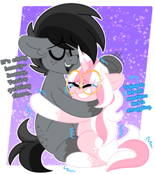 Size: 2000x2245 | Tagged: safe, artist:ladylullabystar, oc, oc only, oc:lady lullaby star, earth pony, pony, unicorn, female, glasses, horn, hug, male, mare, stallion