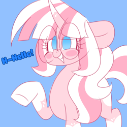 Size: 2000x2000 | Tagged: safe, artist:ladylullabystar, oc, oc:lady lullaby star, pony, unicorn, blue background, blushing, female, horn, mare, simple background, solo