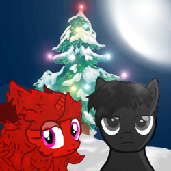 Size: 700x700 | Tagged: oc name needed, safe, artist:deep 2008, oc, oc only, earth pony, hybrid, pony, unicorn, g4, christmas, christmas tree, duo, duo male and female, eye clipping through hair, female, gray eyes, hearth's warming, holiday, horn, magenta eyes, male, mare, moon, night, outdoors, snow, stallion, tree