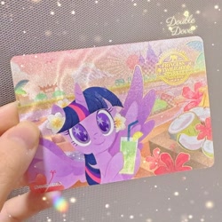 Size: 1845x1845 | Tagged: safe, twilight sparkle, alicorn, elephant, pony, g4, official, card, coconut, cutie mark eyes, drink, flower, food, front view, irl, kayou, merchandise, photo, solo, spread wings, text, thailand, twilight sparkle (alicorn), wingding eyes, wings