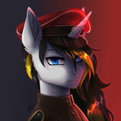 Size: 1300x1300 | Tagged: safe, artist:serodart, oc, oc only, alicorn, pony, equestria at war mod, bust, clothes, commission, looking at you, male, military, military uniform, portrait, uniform, uniform hat