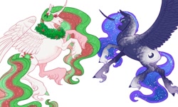 Size: 1024x616 | Tagged: safe, artist:snowberry, princess celestia, princess luna, alicorn, pony, g4, alternate design, christmas, curved horn, duo, ethereal mane, female, festive, holiday, horn, mare, realistic anatomy, realistic horse legs, simple background, smiling, snow, spread wings, unshorn fetlocks, wings, wreath