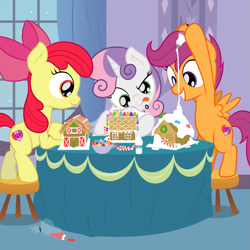 Size: 1919x1919 | Tagged: safe, artist:nitei, apple bloom, scootaloo, sweetie belle, earth pony, pegasus, pony, unicorn, g4, barn, bow, candy, candy cane, carousel boutique, christmas, concentrating, cutie mark crusaders, female, filly, foal, food, frosting, gingerbread (food), gingerbread house, grin, hair bow, happy, hearth's warming, holiday, horn, icing bag, smiling, snow, stool, table