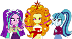 Size: 6295x3450 | Tagged: safe, artist:limedazzle, adagio dazzle, aria blaze, sonata dusk, human, equestria girls, g4, adagio dazzle is not amused, bare shoulders, christmas, christmas lights, christmas tree, clothes, costume, denim, dress, evening gloves, female, gloves, grin, holiday, jeans, long gloves, pants, santa costume, shirt, simple background, skirt, smiling, sweater, t-shirt, the dazzlings, transparent background, tree, trio, trio female, unamused