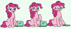 Size: 2480x1034 | Tagged: safe, artist:anonymous, pinkie pie, earth pony, pony, g4, closing, comic, computer, drawthread, female, laptop computer, mare, raised hoof, requested art, scrunchy face, simple background, solo, sweat, white background