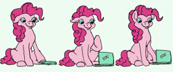 Size: 2480x1034 | Tagged: safe, artist:anonymous, pinkie pie, earth pony, pony, g4, comic, computer, drawthread, female, laptop computer, mare, raised hoof, requested art, simple background, smiling, solo, white background