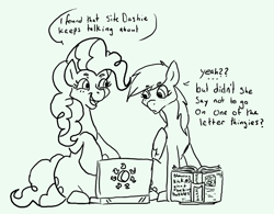 Size: 1061x829 | Tagged: safe, artist:anonymous, derpy hooves, pinkie pie, earth pony, pegasus, g4, 4chan, book, computer, dialogue, drawthread, duo, female, implied rainbow dash, laptop computer, lineart, mare, simple background