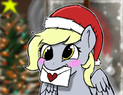 Size: 3300x2550 | Tagged: safe, artist:mr_nate89, derpy hooves, pegasus, pony, g4, christmas, christmas tree, female, hat, holiday, letter, mail, mare, santa hat, smiling, solo, tree