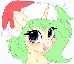 Size: 3455x3000 | Tagged: safe, artist:pesty_skillengton, oc, pony, unicorn, bust, christmas, female, happy, hat, holiday, horn, mare, open mouth, santa hat, solo