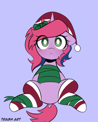 Size: 3096x3827 | Tagged: safe, artist:eltrash_art6, oc, oc only, oc:lilac, pony, unicorn, blue background, blushing, christmas, clothes, commission, ear piercing, earring, female, gift wrapped, hat, holiday, horn, jewelry, mare, piercing, ribbon, santa hat, simple background, socks, solo, striped socks, ych result