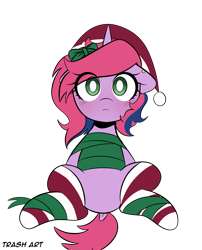 Size: 3096x3827 | Tagged: safe, alternate version, artist:eltrash_art6, oc, oc only, oc:lilac, pony, unicorn, blushing, christmas, clothes, commission, ear piercing, earring, female, gift wrapped, hat, holiday, horn, jewelry, mare, piercing, ribbon, santa hat, simple background, socks, solo, striped socks, transparent background, ych result