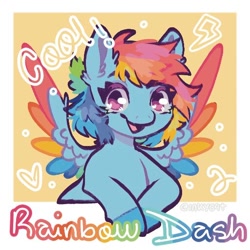 Size: 512x512 | Tagged: safe, artist:inkyc4t, rainbow dash, pegasus, pony, g4, 2024, :d, bust, colored hooves, ear fluff, female, hooves, mare, open mouth, open smile, smiling, solo, spread wings, text, wings