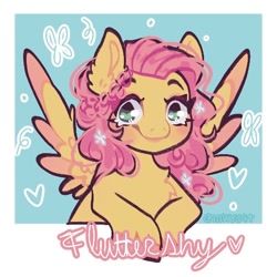 Size: 512x512 | Tagged: safe, artist:inkyc4t, fluttershy, pegasus, pony, g4, 2024, bust, ear fluff, female, mare, smiling, solo, spread wings, text, wings