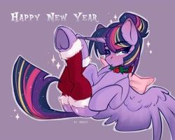 Size: 2500x2000 | Tagged: safe, artist:shelti, twilight sparkle, alicorn, pony, g4, alternate hairstyle, bedroom eyes, blushing, butt, choker, christmas, clothes, female, frog (hoof), happy new year, holiday, lying down, mare, new year, on back, plot, purple background, simple background, socks, solo, stockings, thigh highs, twilight sparkle (alicorn), underhoof